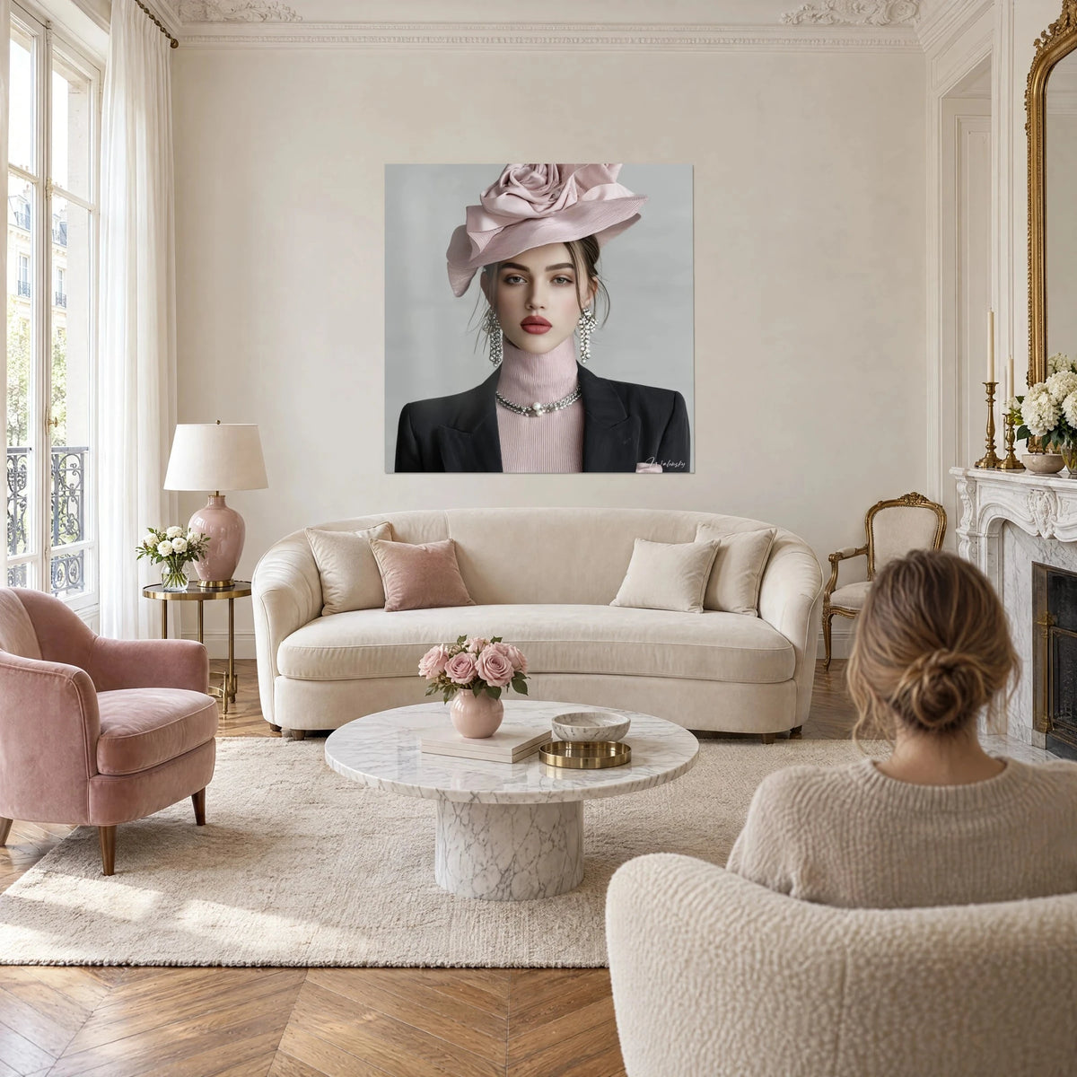 Wall art fashion model portrait wearing a powder pink hat adorned with a rose, black blazer, above a sofa in a bright living room