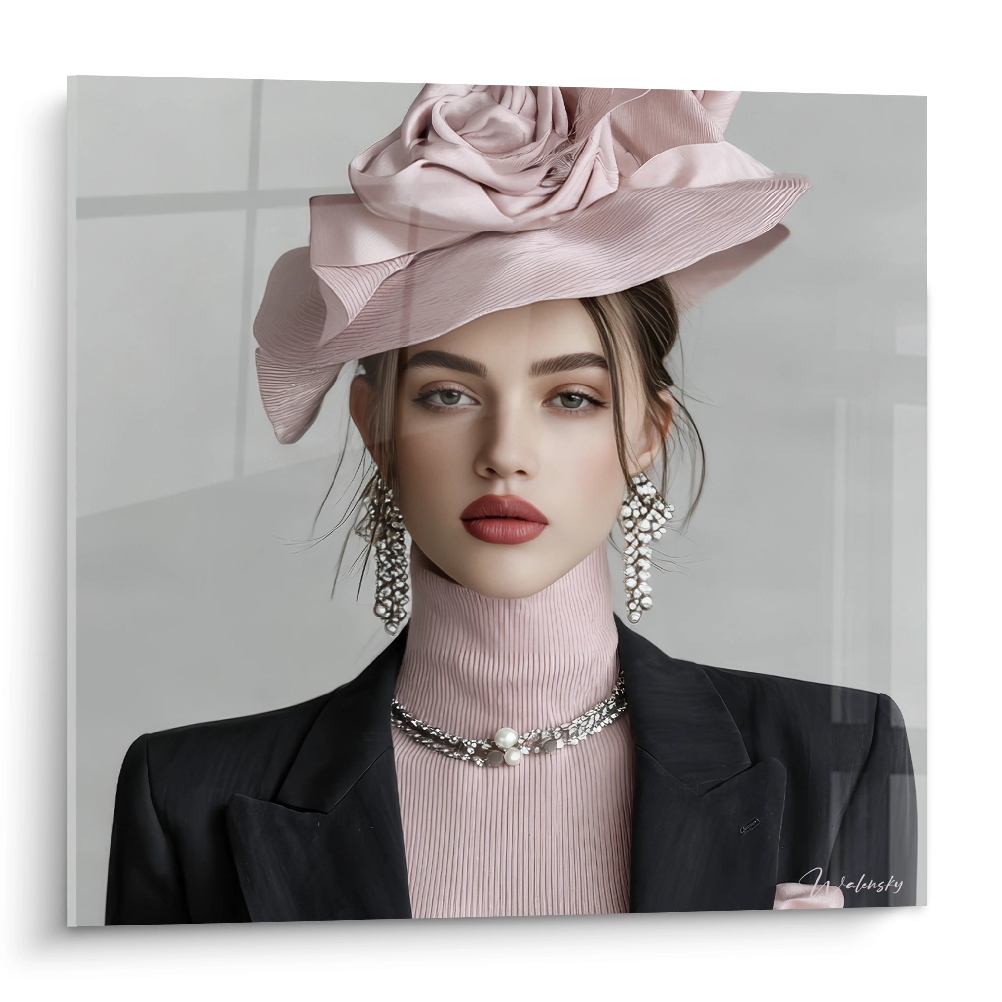 Tableau mode couture représentant une femme élégante avec un chapeau rose et des accessoires raffinés