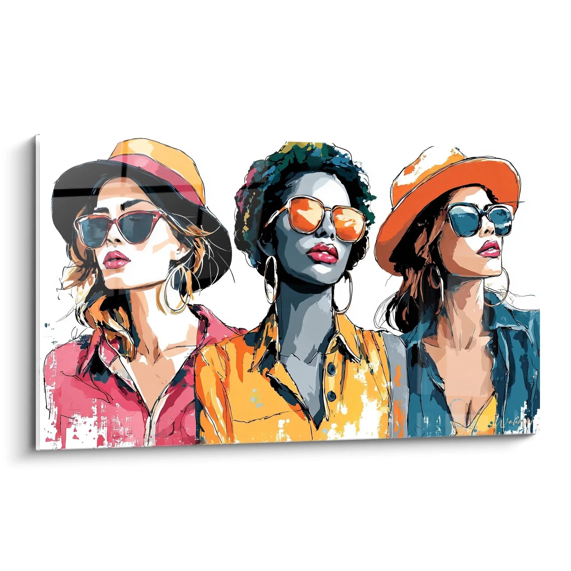 Tableau décoration murale mode représentant trois femmes stylées portant des lunettes de soleil colorées.