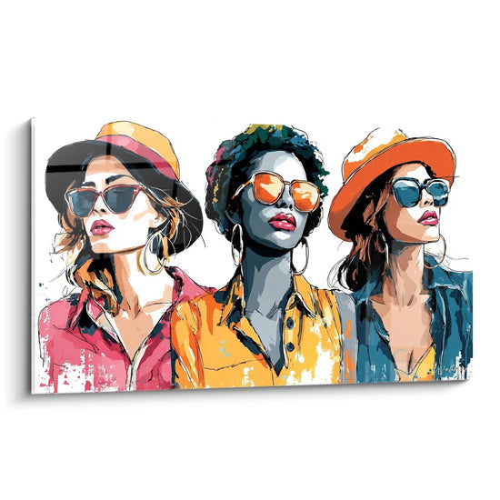 Wanddekorationsbild Mode zeigt drei stilvolle Frauen mit farbigen Sonnenbrillen.