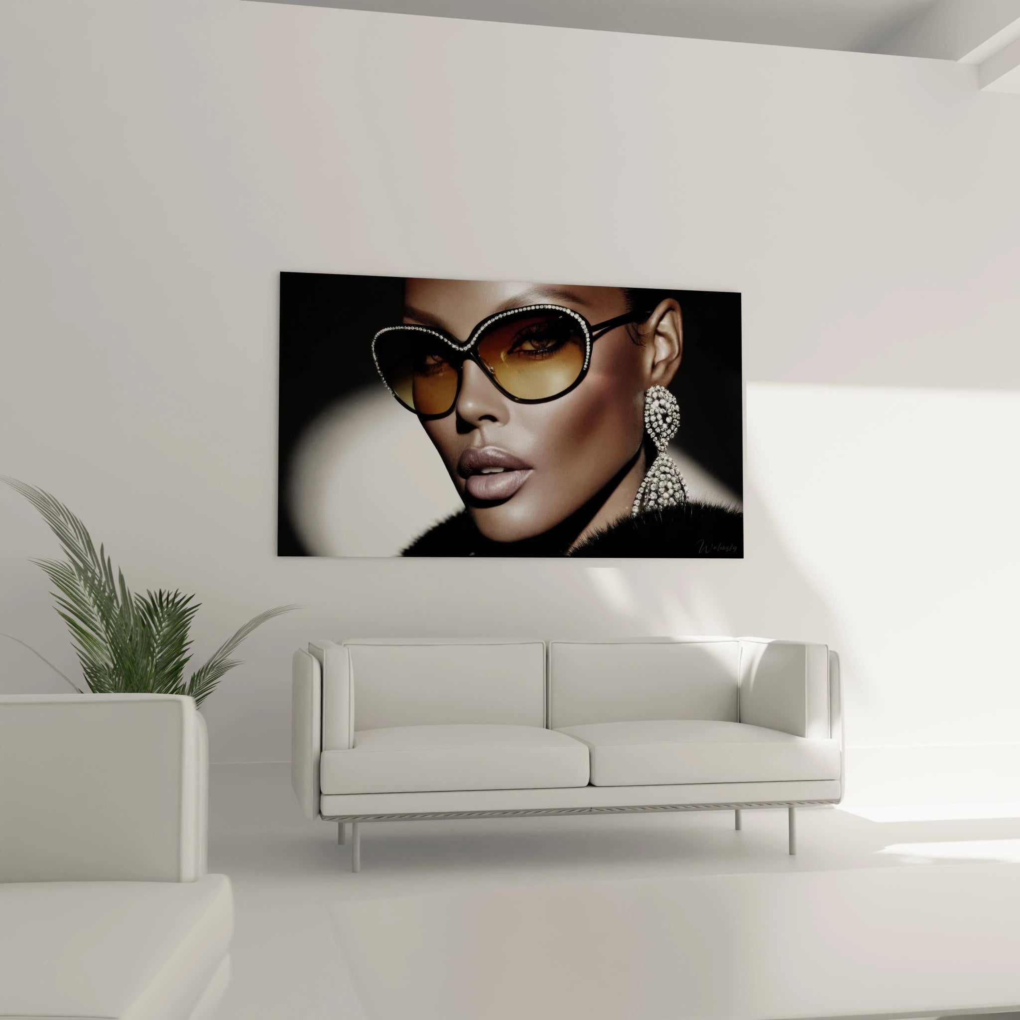 Tableau mural portrait doré mode avec femme portant des lunettes de soleil élégantes