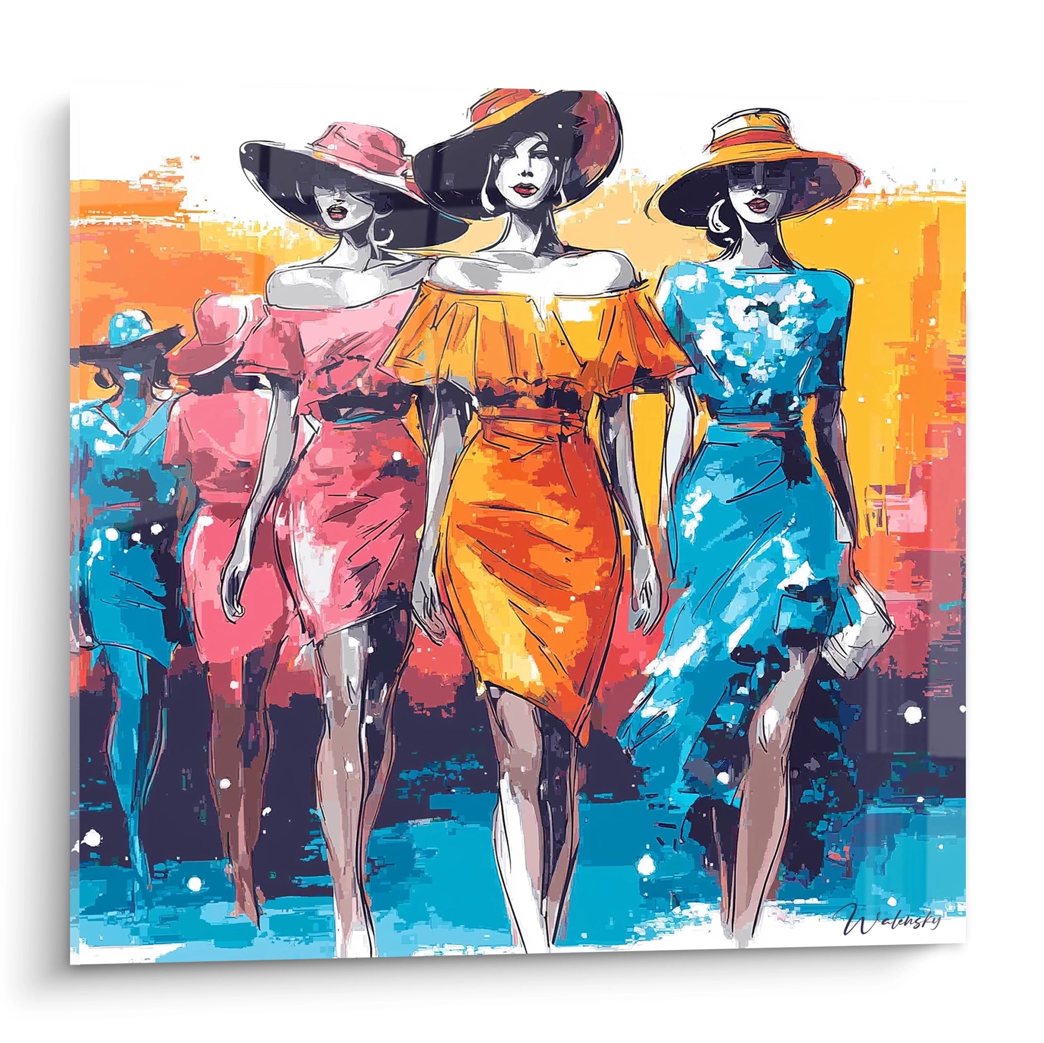 Tableau mural mode féminine avec des silhouettes de femmes en robes colorées et chapeaux stylés
