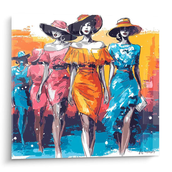 Quadro murale moda femminile con silhouette di donne in abiti colorati e cappelli eleganti