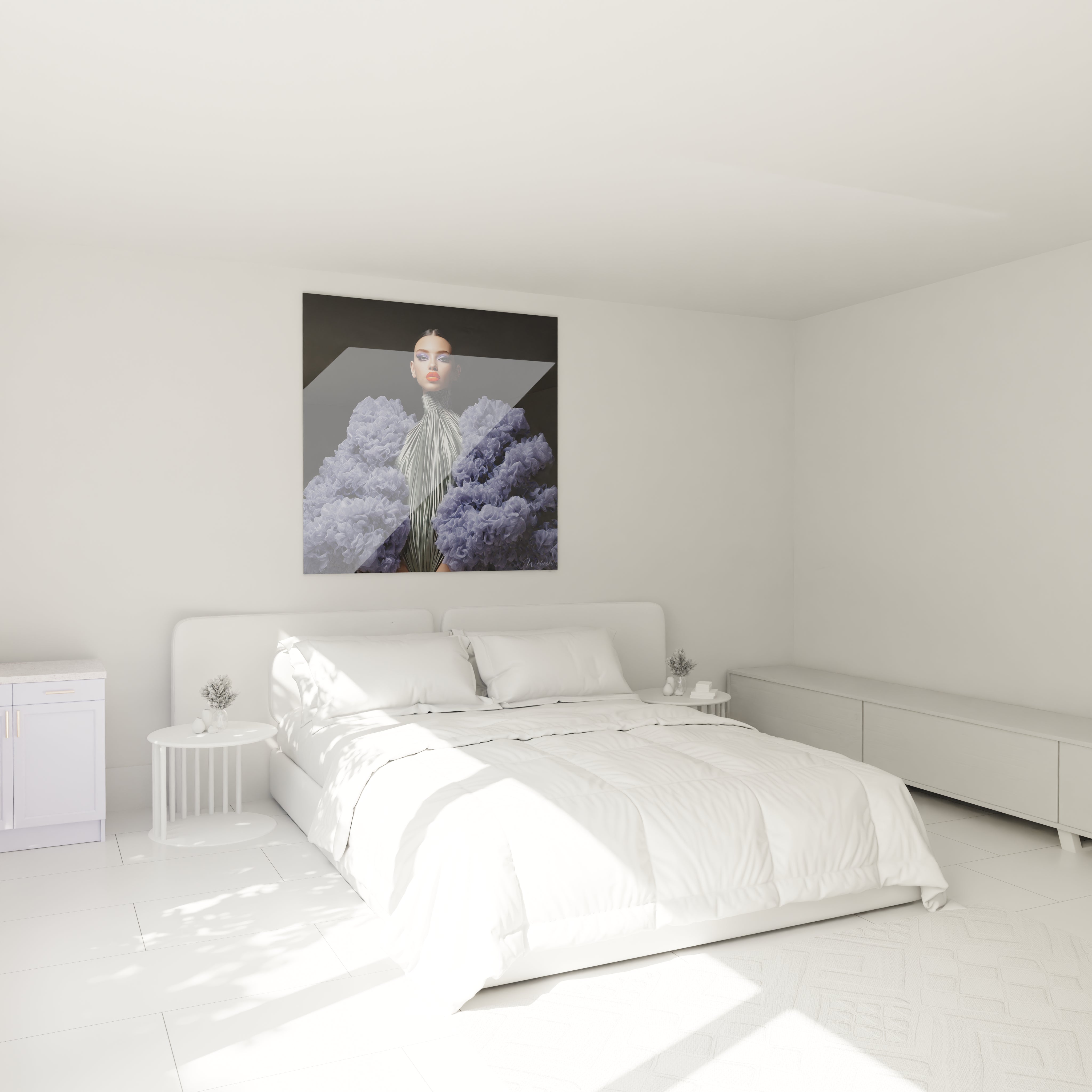 Tableau mode futuriste de Walensky représentant une femme entre des fleurs dans une chambre lumineuse