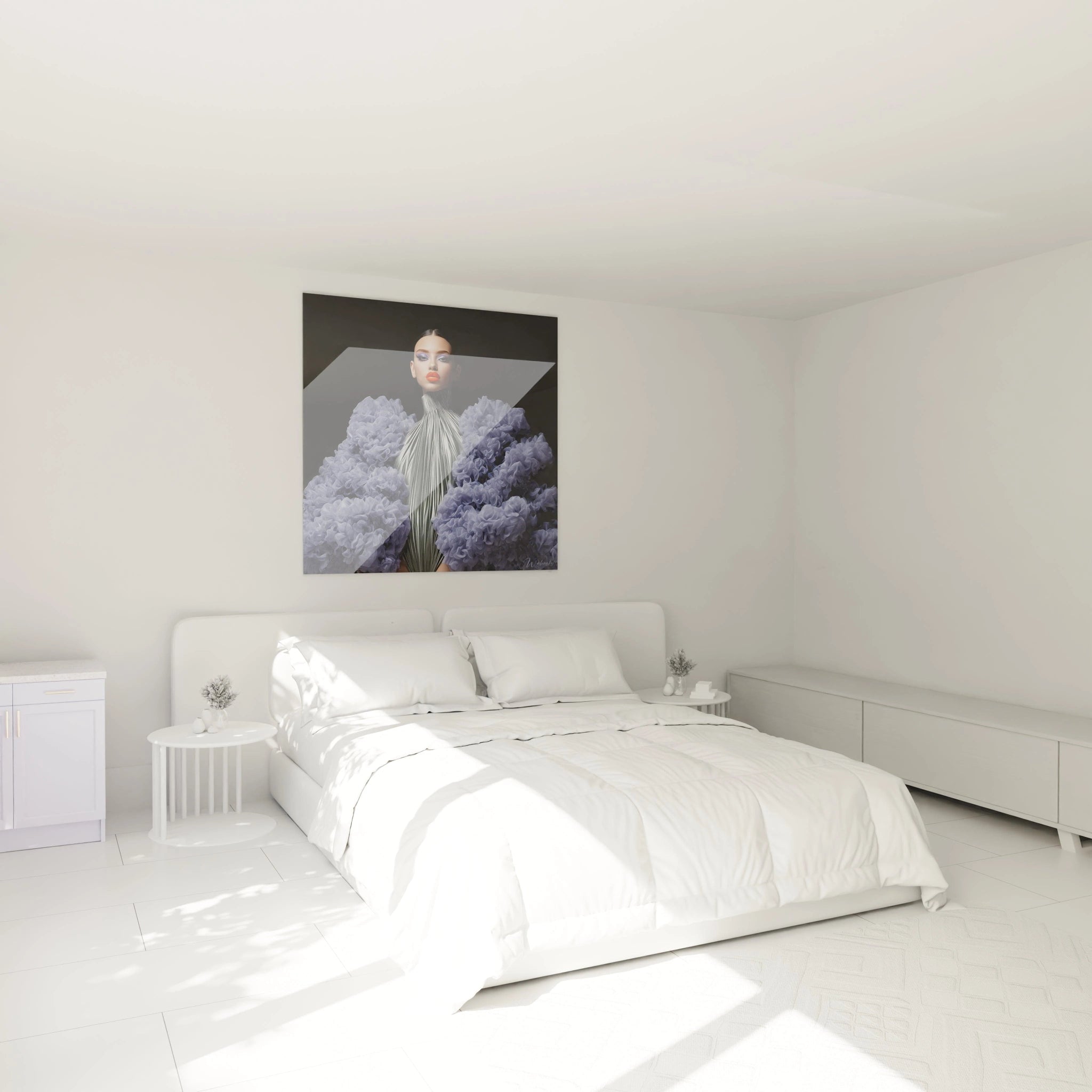 Tableau mode futuriste de Walensky représentant une femme entre des fleurs dans une chambre lumineuse