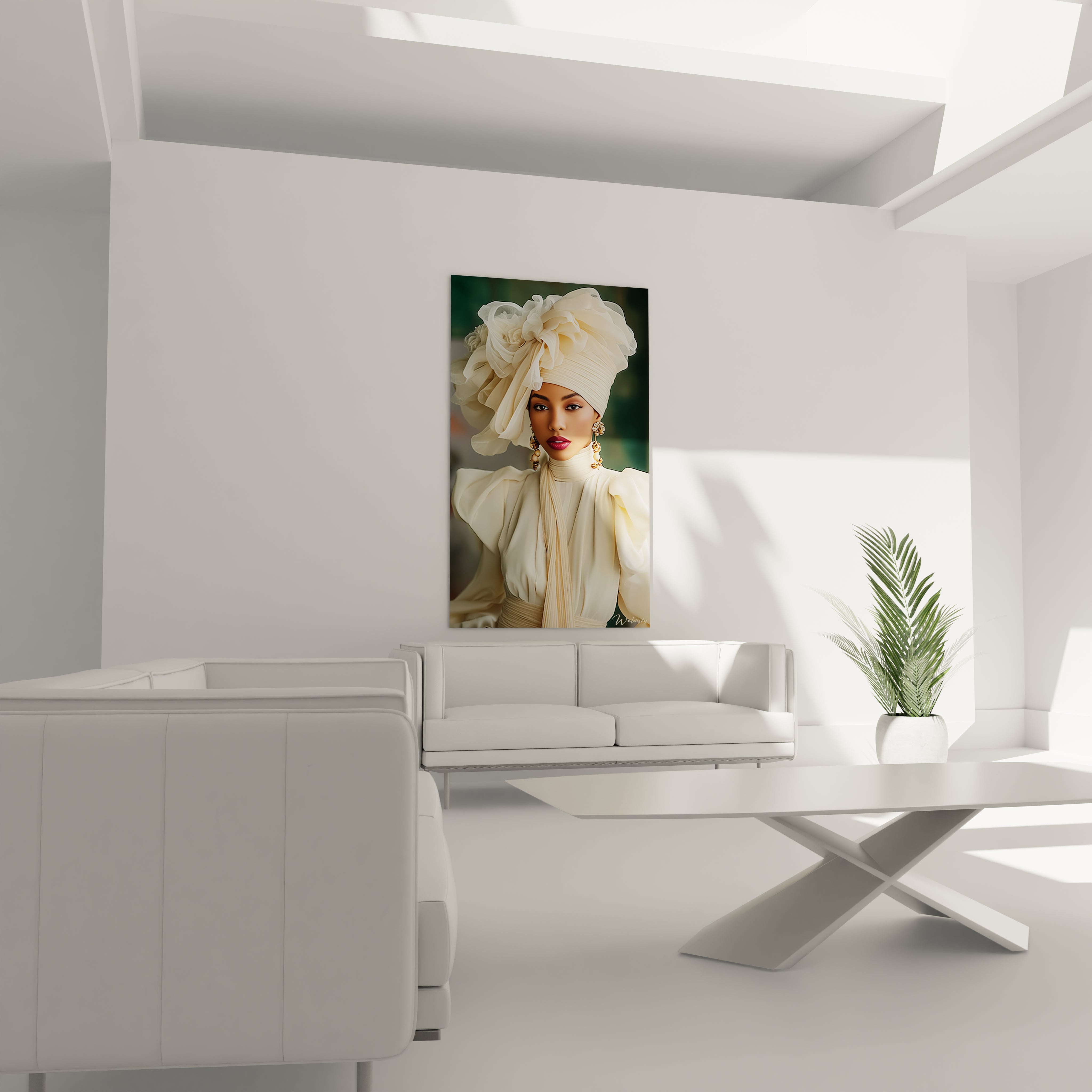 Tableau mode glamour de Walensky affiché dans un intérieur moderne et épuré avec un canapé blanc