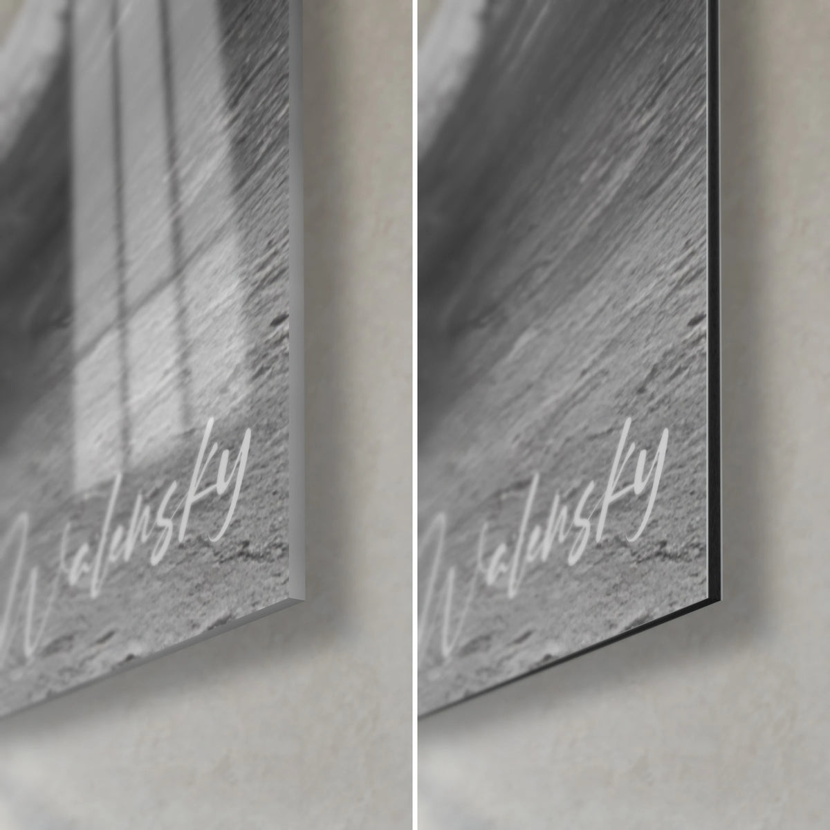 Cuadro de una modelo urbana con sudadera negra, grafiti blanco, esquina inferior derecha: cristal acrílico brillante a la izquierda, aluminio Dibond gris mate a la derecha