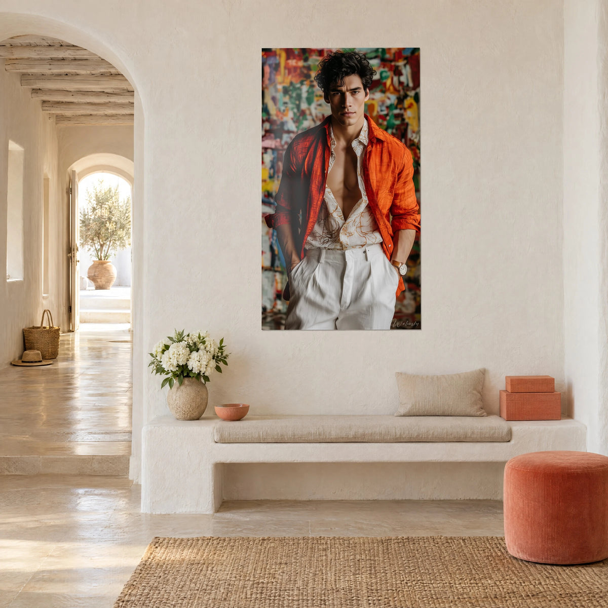 Gemälde Männerporträt in orangefarbener Jacke und elfenbeinfarbenem Hemd mit goldenen Mustern, mehrfarbiger Hintergrund, Dreiviertelansicht, mediterranes Haus