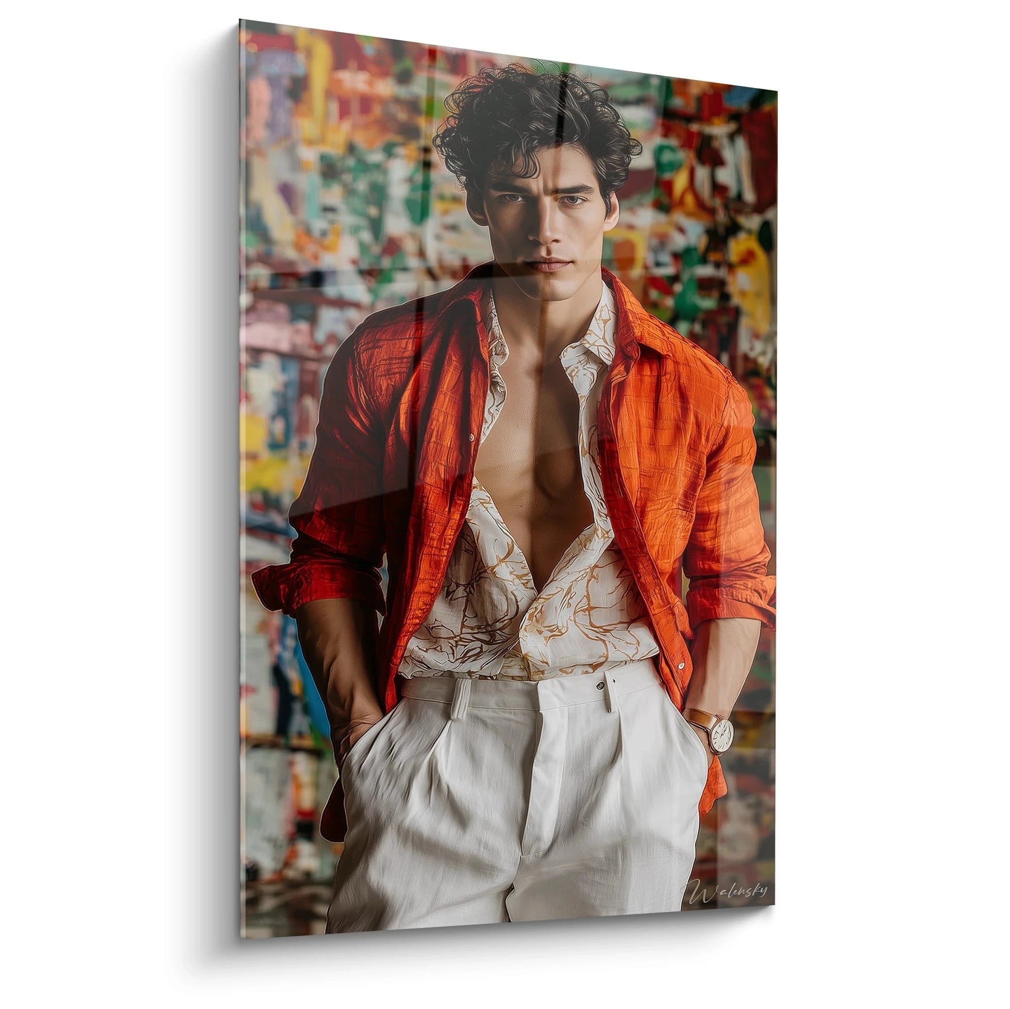 Tableau mural homme mode avec un modèle portant une chemise orange et un fond artistique coloré