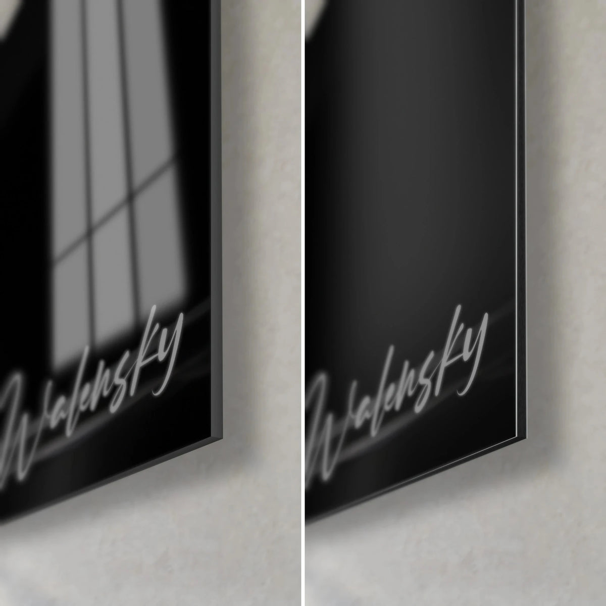 Tableau mannequin en noir et blanc, coin bas droit : verre acrylique brillant aux reflets, alu Dibond mat, tranche de 3 mm