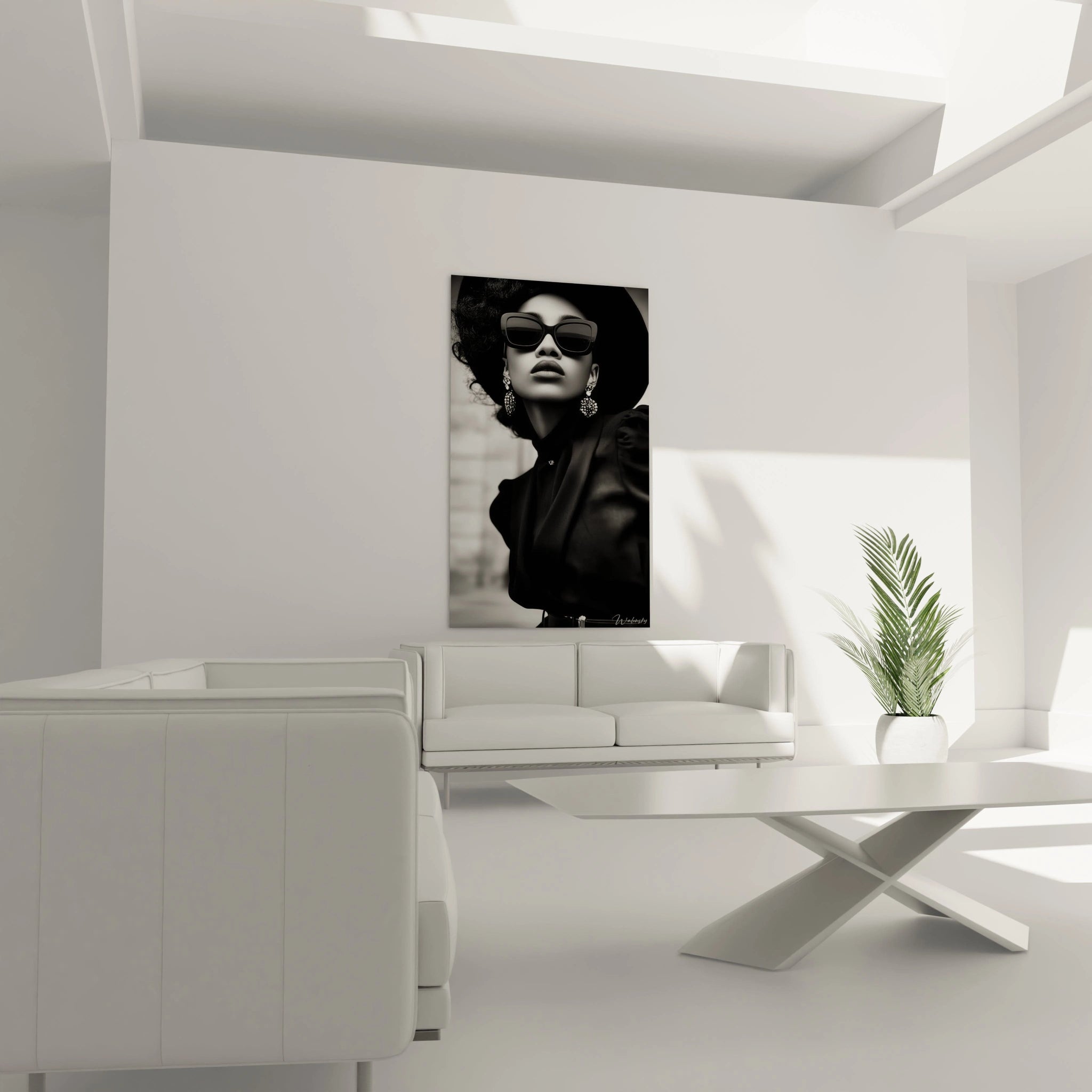 Tableau mode noir et blanc de femme stylée portant des lunettes de soleil dans un intérieur moderne