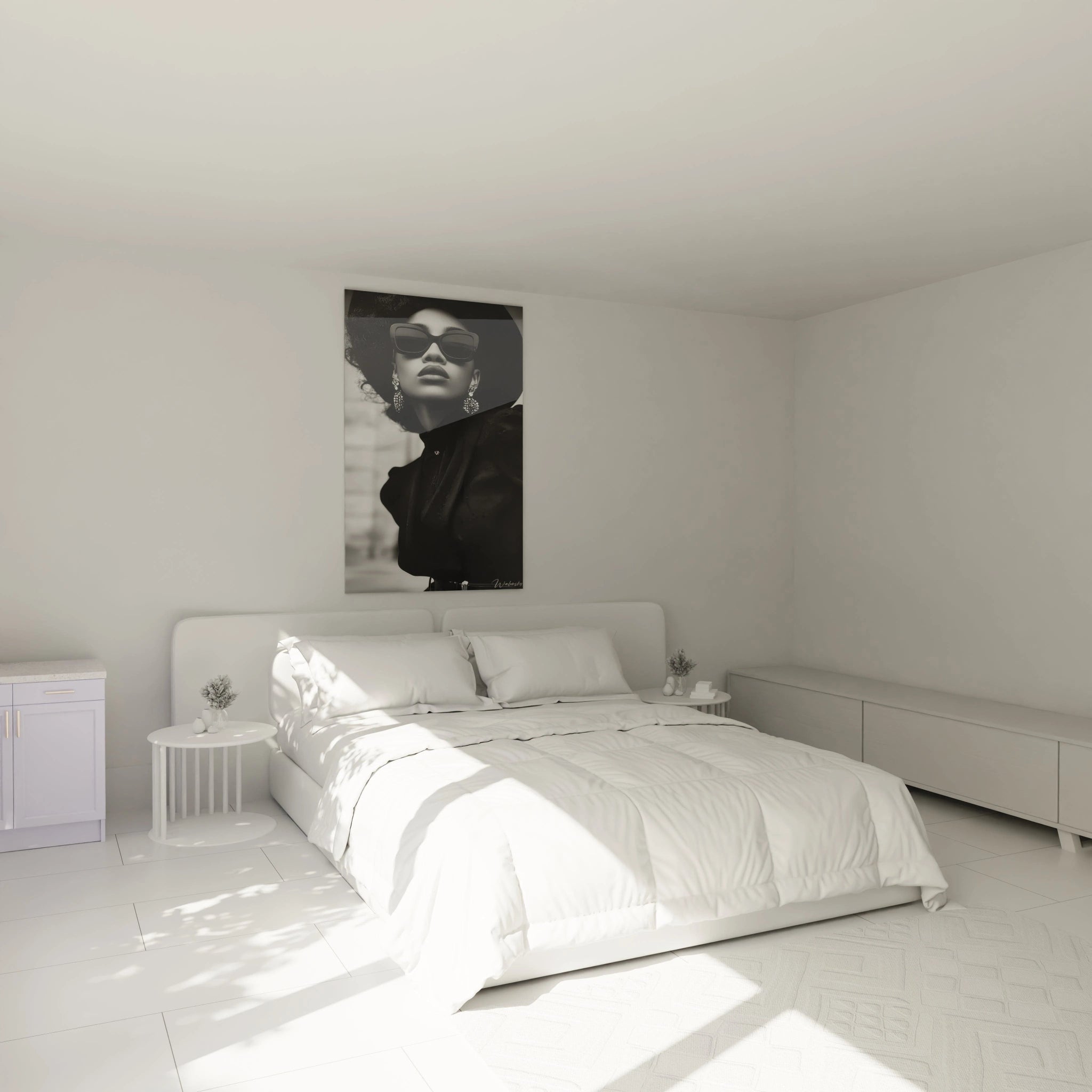 Tableau mode noir et blanc de femme élégante dans une chambre moderne aux murs clairs