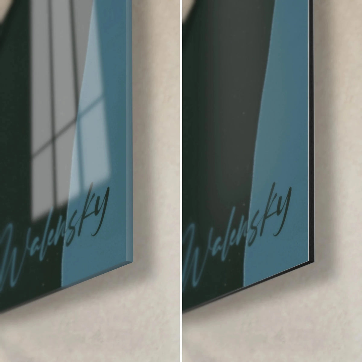 Schilderij elegant duo in zwart tegen een blauwgroene achtergrond, rechtsonder in beeld, glanzend acrylglas links, mat Dibond-aluminium en 3 mm randdikte