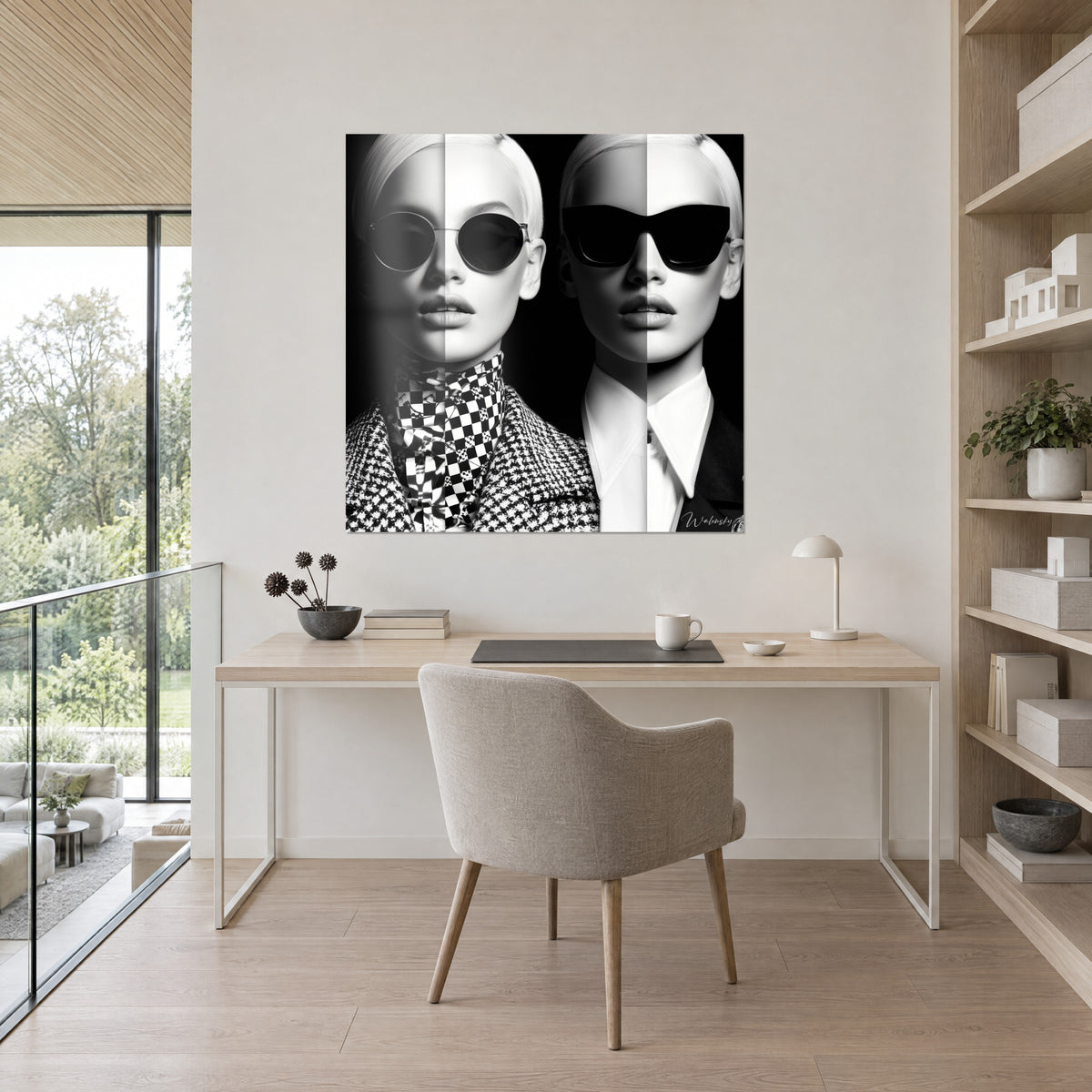 Obraz duet platynowych sylwetek, okrągłe okulary i czarna maska, świetlisty pas centralny, jasne drewniane biurko, biblioteka
