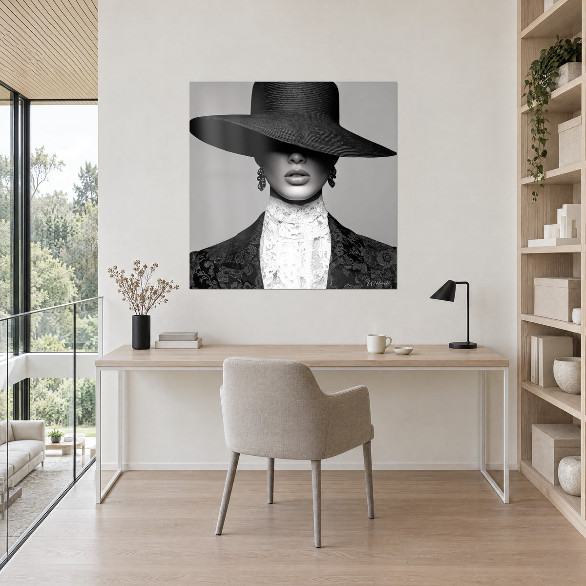 Cuadro de belleza misteriosa oculta bajo un sombrero negro, boca carnosa gris perla, encaje blanco, sobre un escritorio claro
