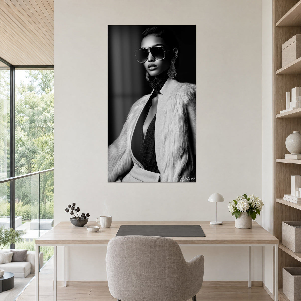 Cuadro elegante con chaqueta clara y atuendo oscuro brillante, luz suave en el rostro y fondo negro, en la pared de un despacho luminoso