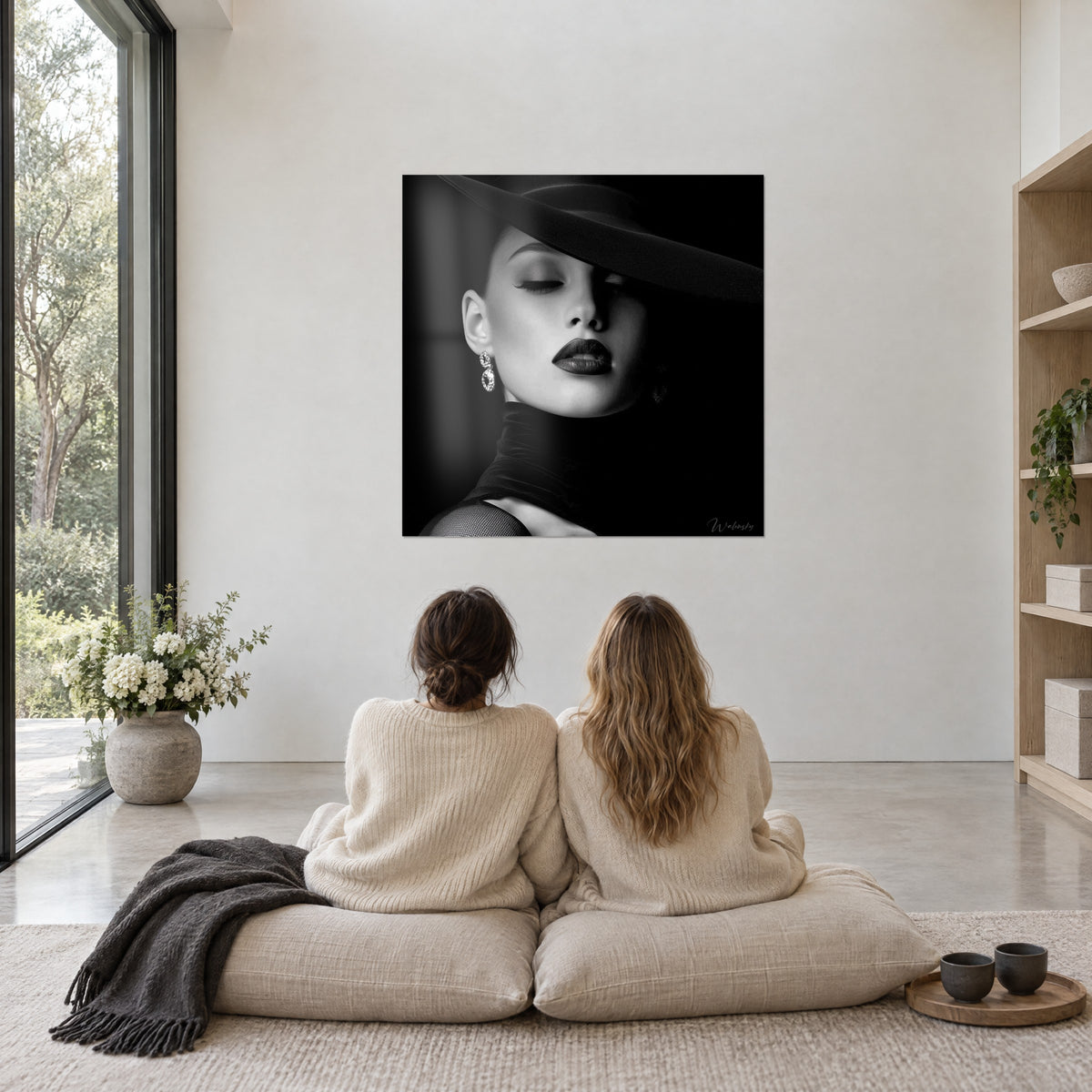 Πίνακας θανατηφόρα ομορφιά σε chiaroscuro, σκούρο γεμάτο στόμα, σκουλαρίκια με στρας και καρφιά, μαύρο βελούδο και περλέ λευκό, απέναντι σε δύο φίλες καθισμένες στο πάτωμα