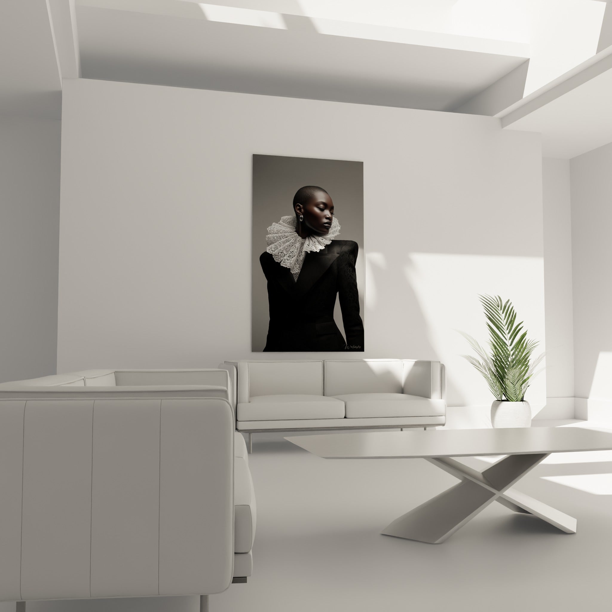 Silhouette élégante en noir profond et dentelle immaculée, au-dessus d'un canapé dans un salon lumineux