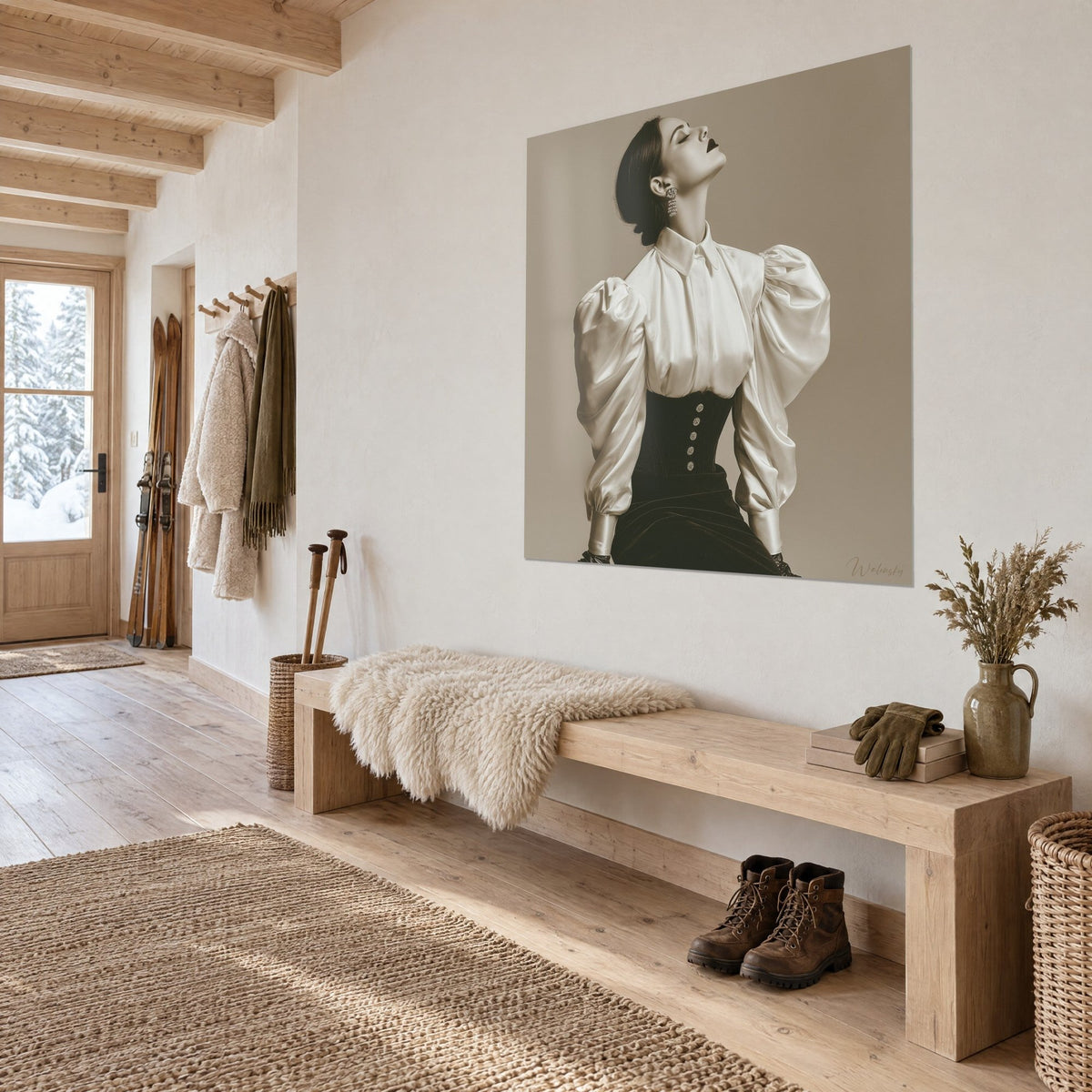 Quadro elegante con la testa reclinata all'indietro, orecchini a cascata, maniche a palloncino avorio su sfondo seppia, nell'ingresso di uno chalet