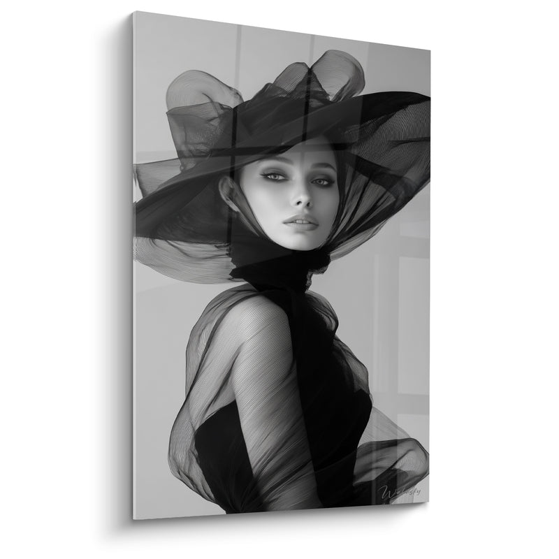 Tableau Femme au grand chapeau de tulle noir - Élégance voilée - Edition Mode noir et blanc