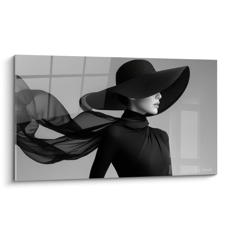 Tableau Femme au chapeau et voile noir - Élégance en mouvement - Edition Mode noir et blanc