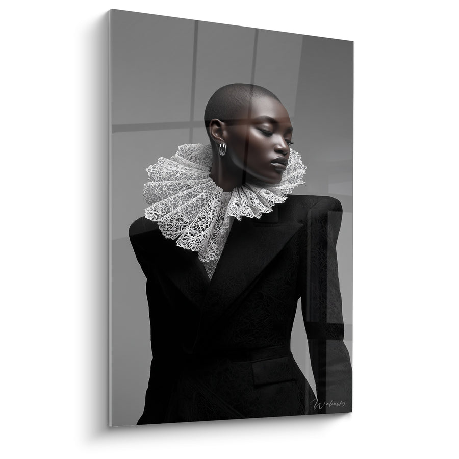 Tableau Femme noire et blanche à fraise dentelle - Allure aristocratique - Edition Mode noir et blanc