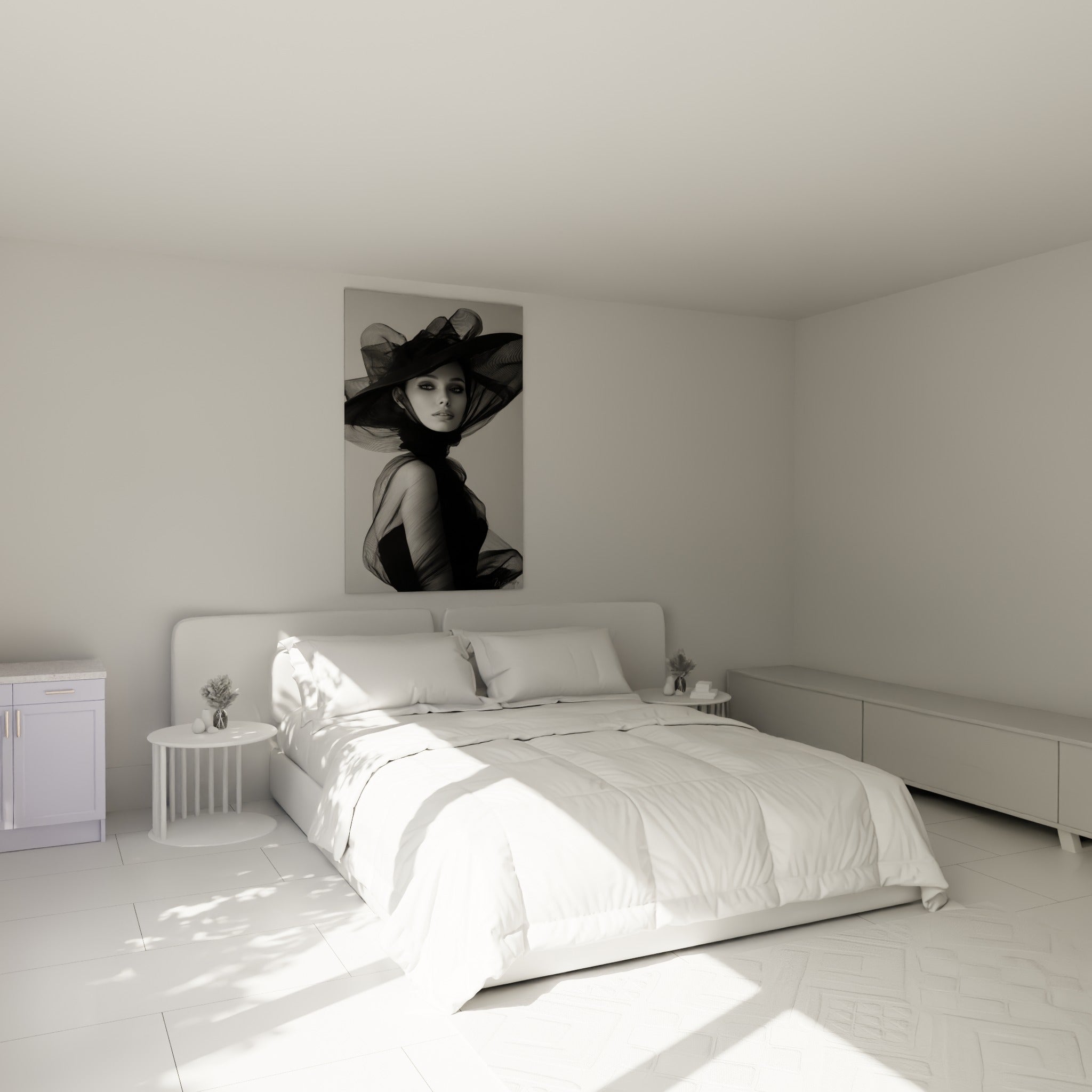 Portrait voilé de tulle noir et gris anthracite accroché au-dessus d'un lit dans une chambre claire