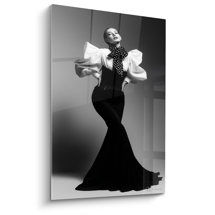 Tableau Femme noeud à pois blanc et noir - Corset lacé cintré - Edition Mode noir et blanc