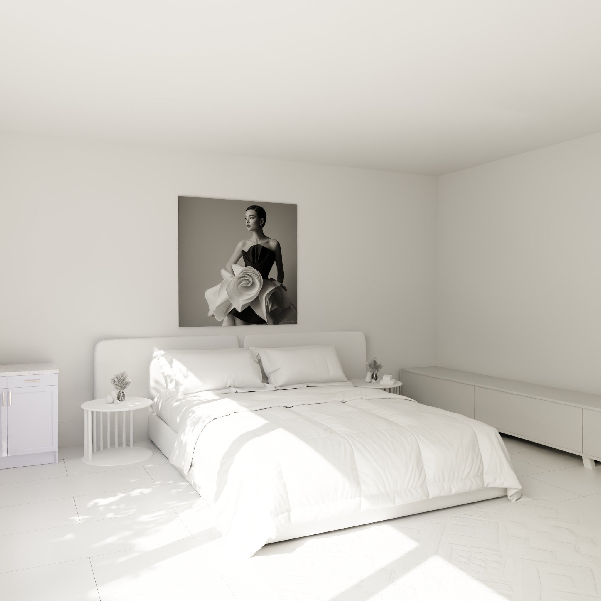 Robe fleur ivoire et corsage anthracite saisis de profil, accrochés au-dessus d'un lit dans une chambre claire
