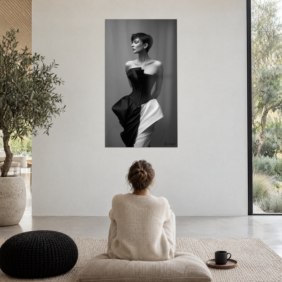 Gemälde Modefrau mit freiem Nacken, skulpturales Kleid halb schwarz, halb weiß, graue Schatten, helle Wand, schwarzes Kissen und Garten