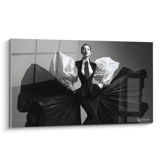 Tableau Mannequin en robe noire aux manches blanches - Envol théâtral - Edition Mode noir et blanc