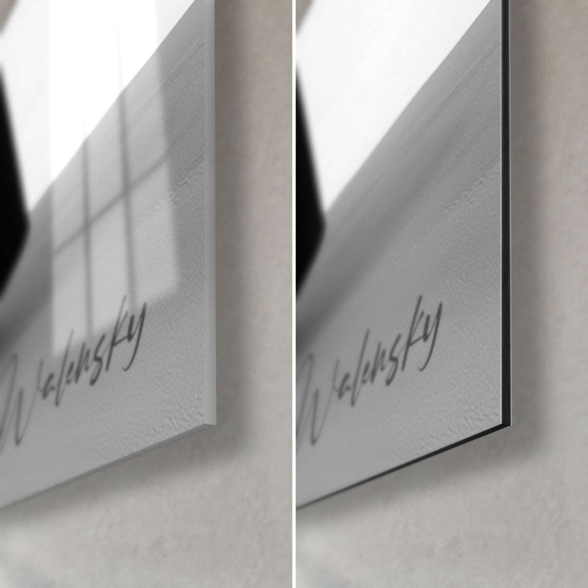Quadro di silhouette a sirena in bianco e nero, angolo in basso a destra: vetro lucido con riflessi di finestra, Dibond opaco grigio, spessore 3 mm