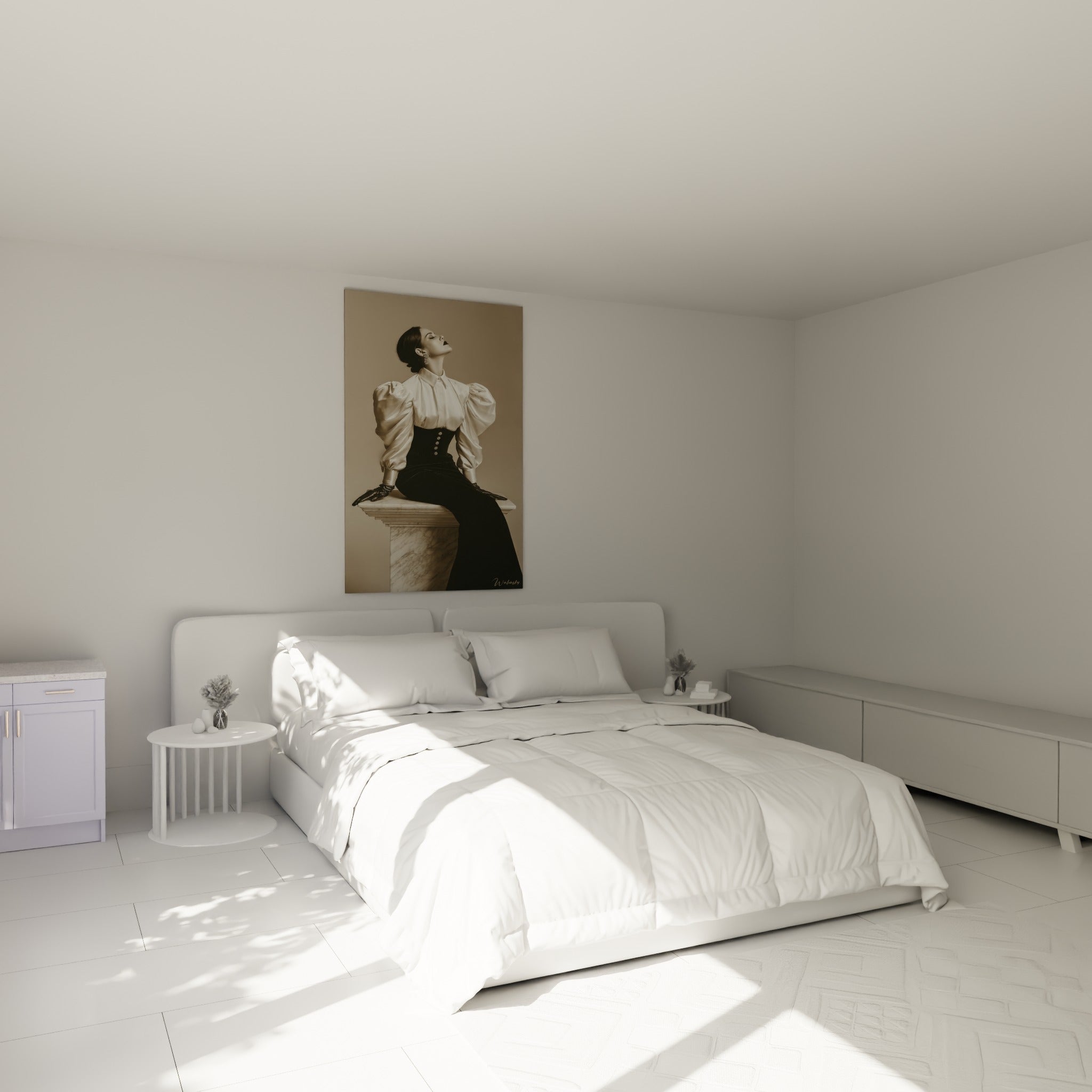 Silhouette en satin ivoire et noir, pose théâtrale, accrochée au-dessus d'un lit dans une chambre claire
