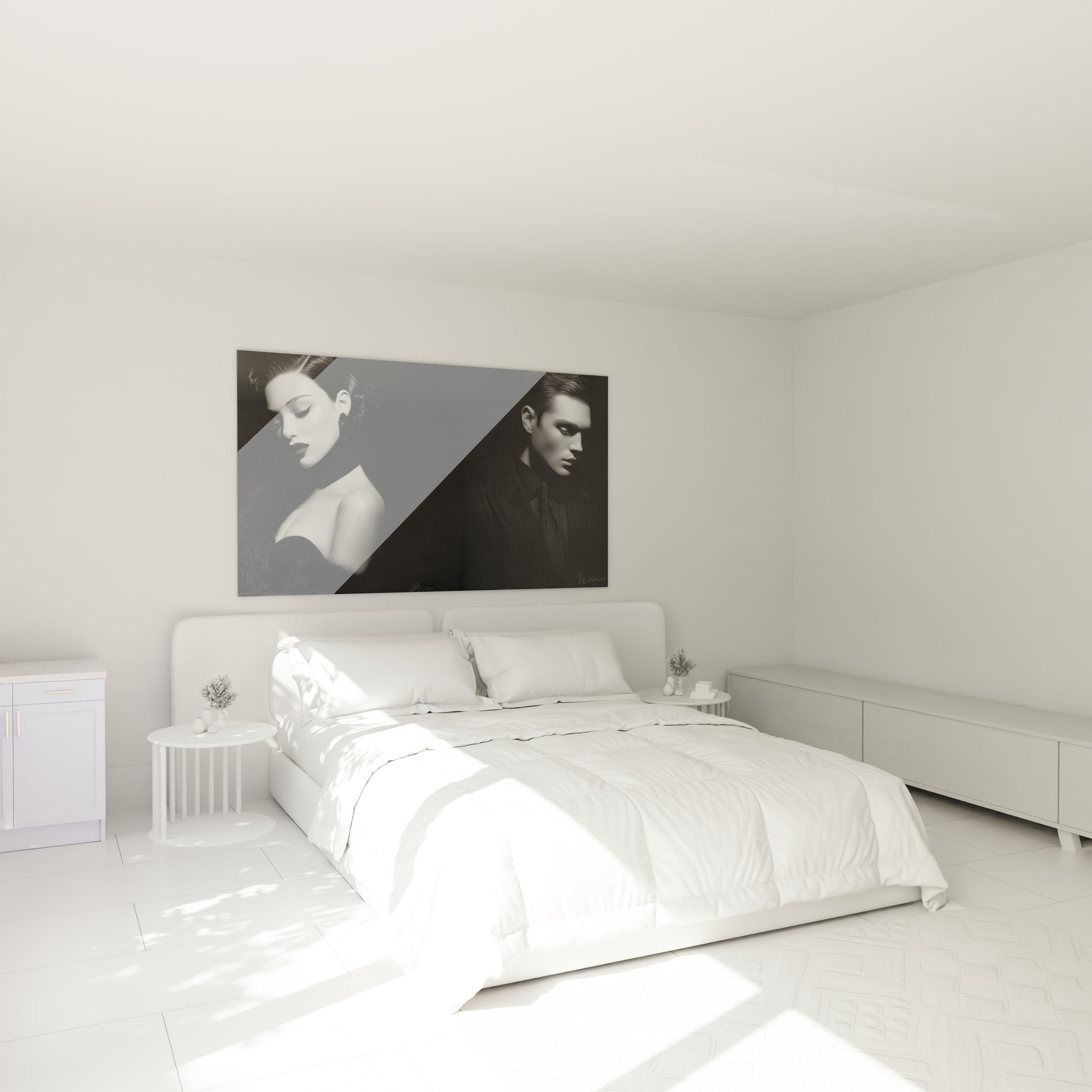 Tableau mode noir et blanc de portraits élégants dans une chambre lumineuse et moderne