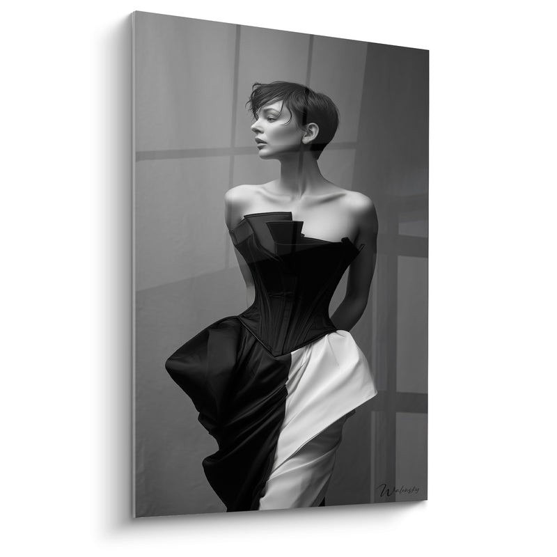 Tableau Femme robe corset noir et blanc - Élégance sculpturale - Edition Mode noir et blanc