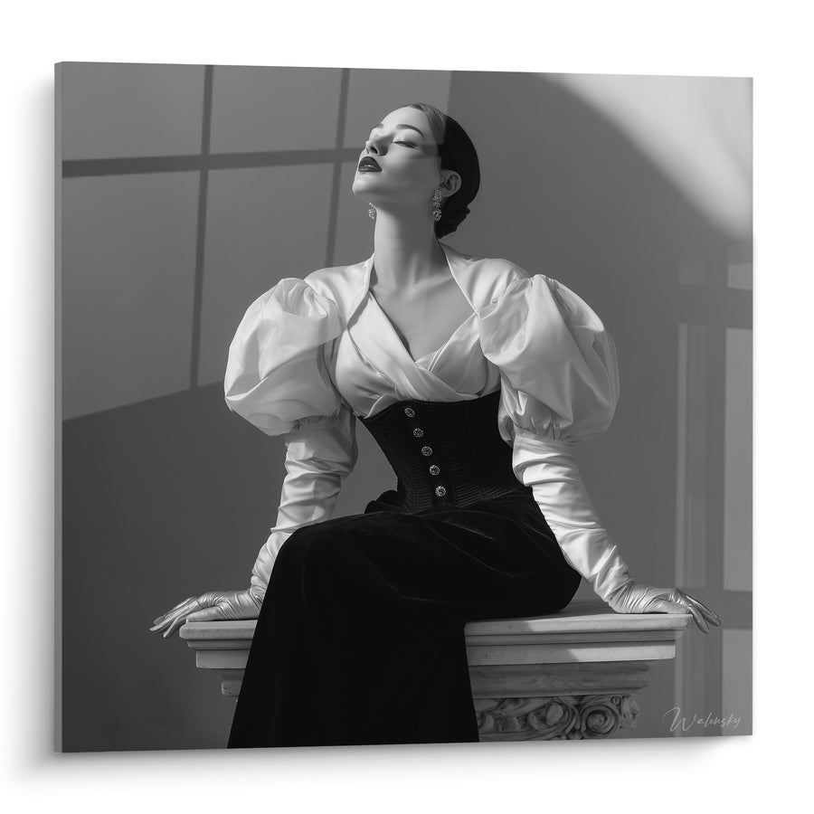 Tableau Femme corset noir manches bouffantes blanches - Pause théâtrale - Edition Mode noir et blanc