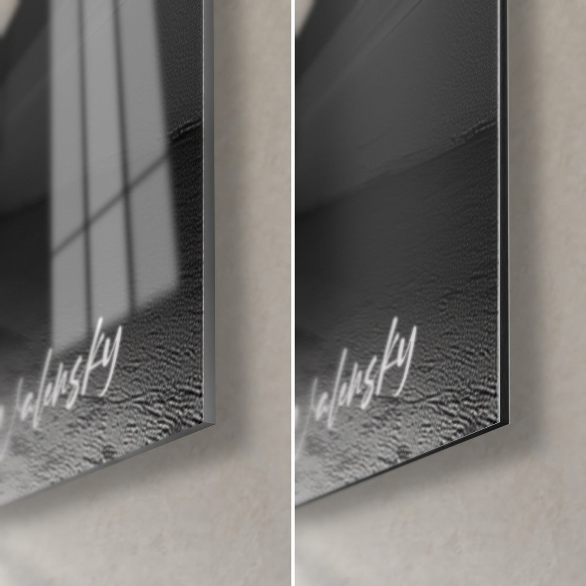 Gemälde Model im weißen Hosenanzug, unten rechts: glänzendes Acrylglas mit Reflexen und mattes graues Dibond, 3 mm Stärke