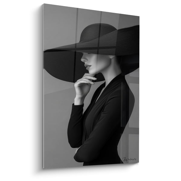 Painting Woman with Wide Black and Gray Hat - Enigmatic Silhouette - Fashion Black and White Edition