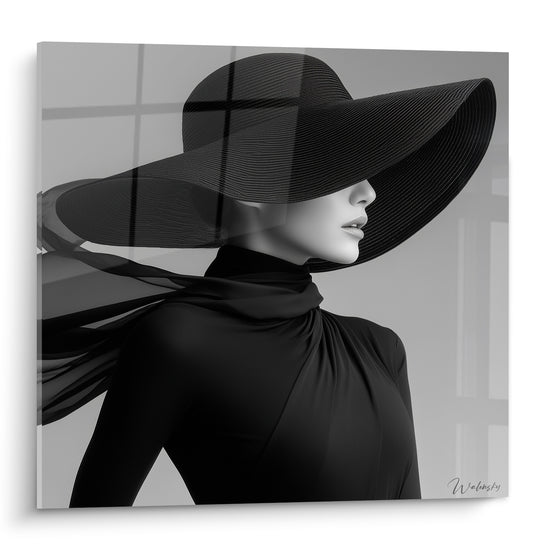 Tableau Femme élégante au chapeau capeline noir - Élégance dissimulée - Edition Mode noir et blanc