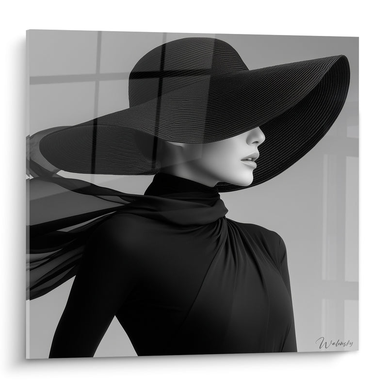 Tableau Femme élégante au chapeau capeline noir - Élégance dissimulée - Edition Mode noir et blanc