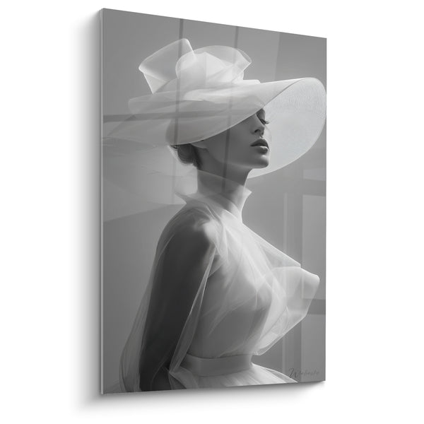 White and Gray Fedora Hat with Ghostly Window Tableau - Transparent Tulle Dress - Black and White Fashion Edition