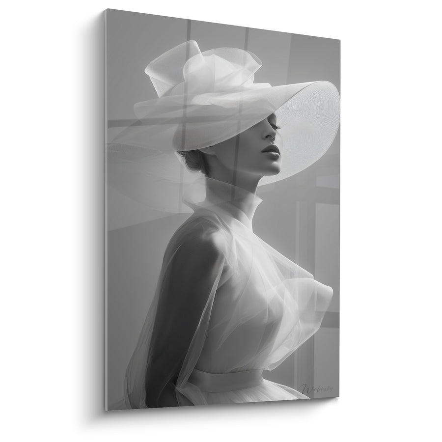 Tableau Chapeau capeline blanc et gris fenêtre fantôme - Robe en tulle transparent - Edition Mode noir et blanc