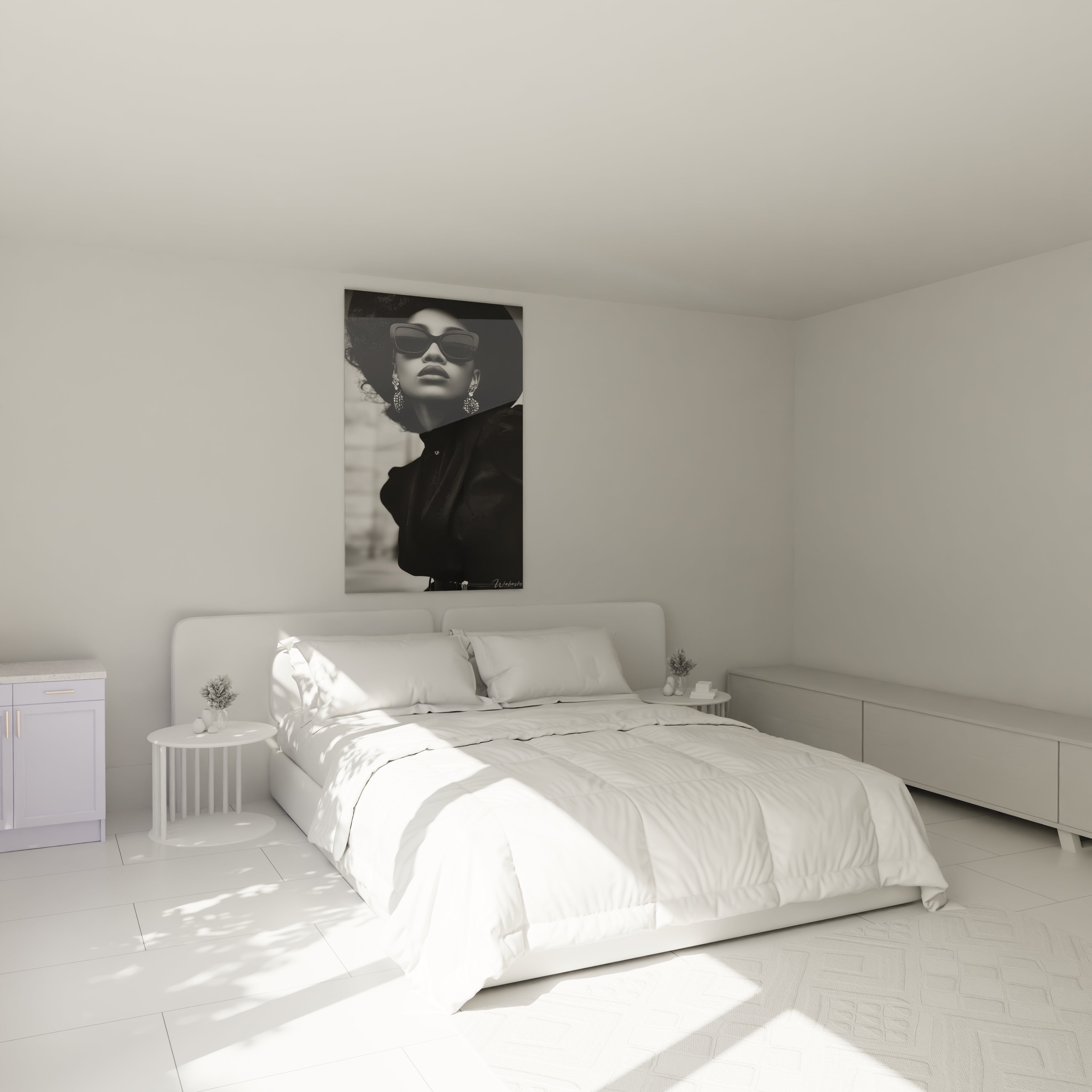 Tableau mode noir et blanc de femme élégante dans une chambre moderne aux murs clairs