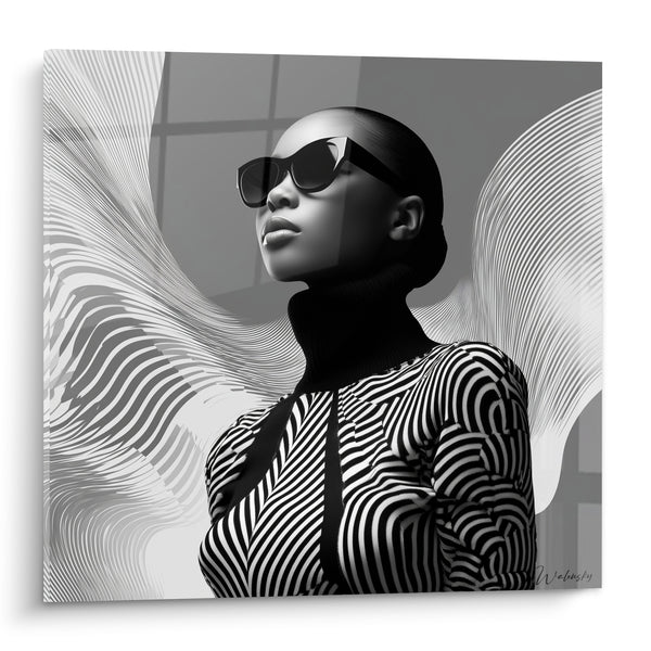 Woman with Black and White Striped Sunglasses Artwork - Magnetic Appeal - Fashion Edition in Black and White