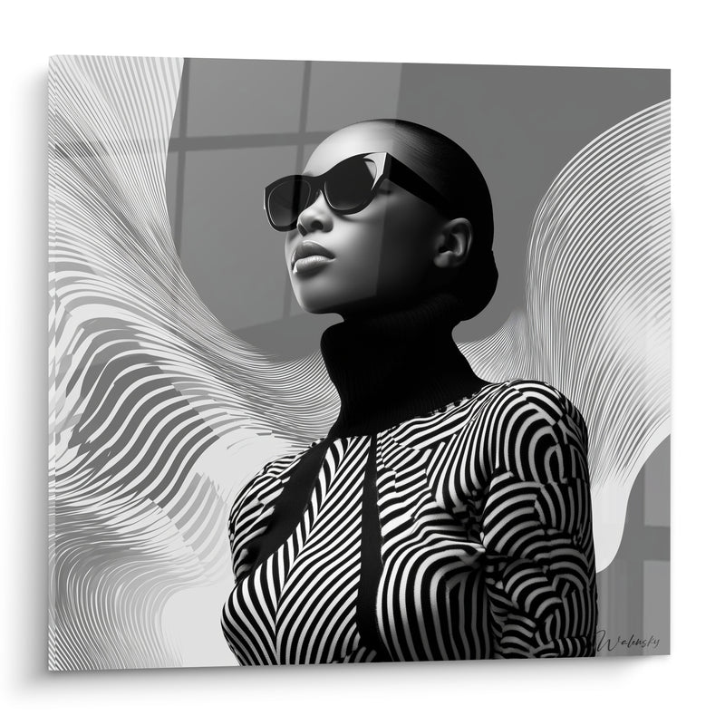 Tableau Femme lunettes noires et blanches rayures - Allure magnétique - Edition Mode noir et blanc