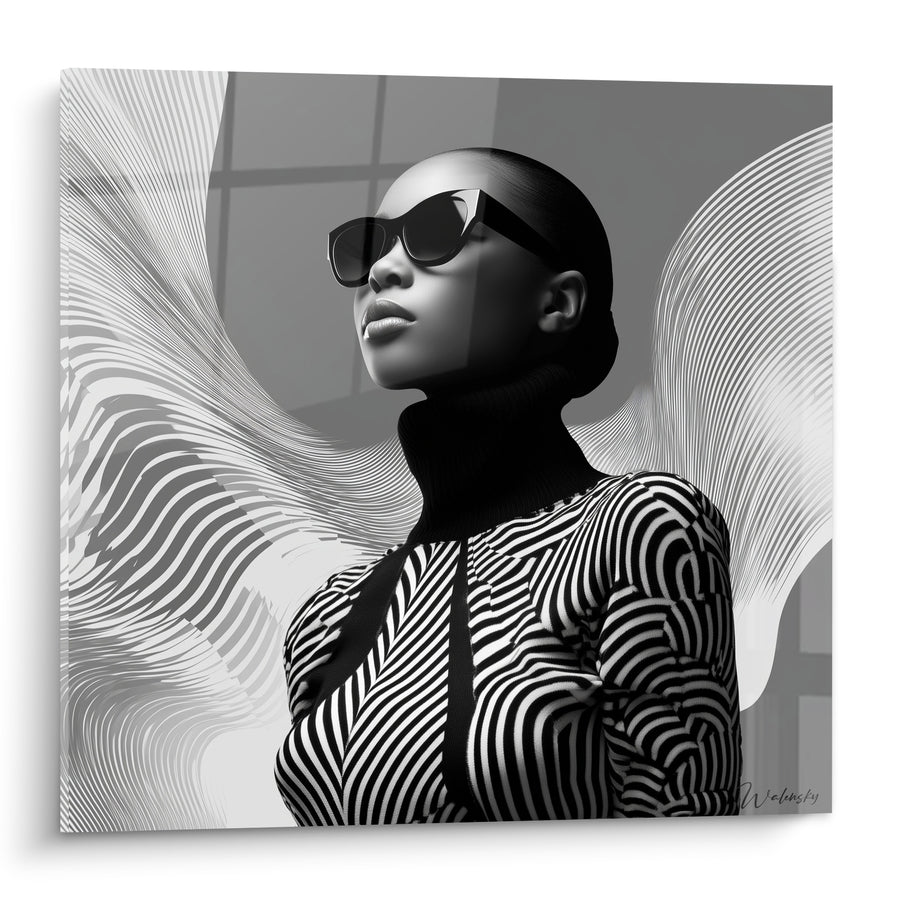 Tableau Femme lunettes noires et blanches rayures - Allure magnétique - Edition Mode noir et blanc