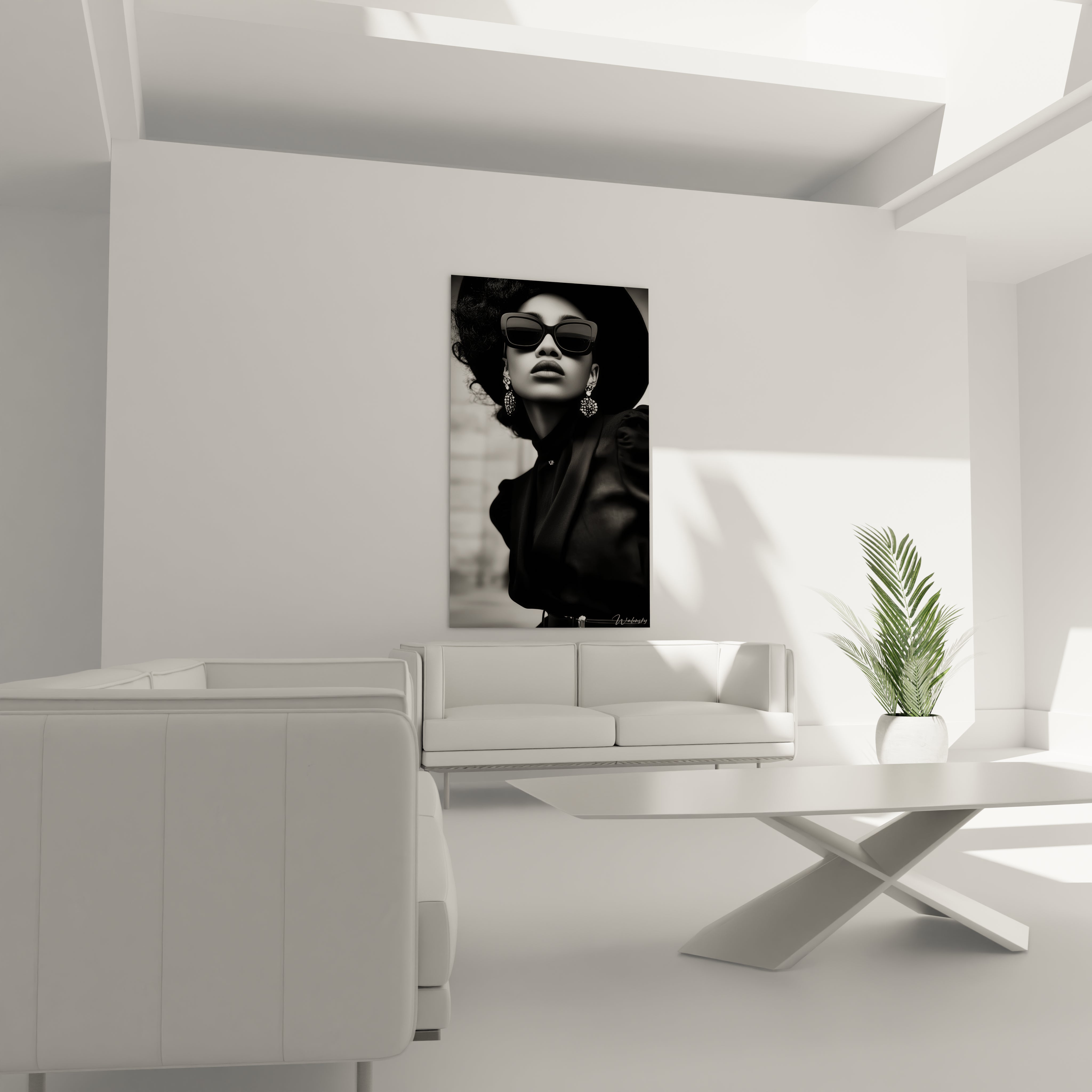 Tableau mode noir et blanc de femme stylée portant des lunettes de soleil dans un intérieur moderne