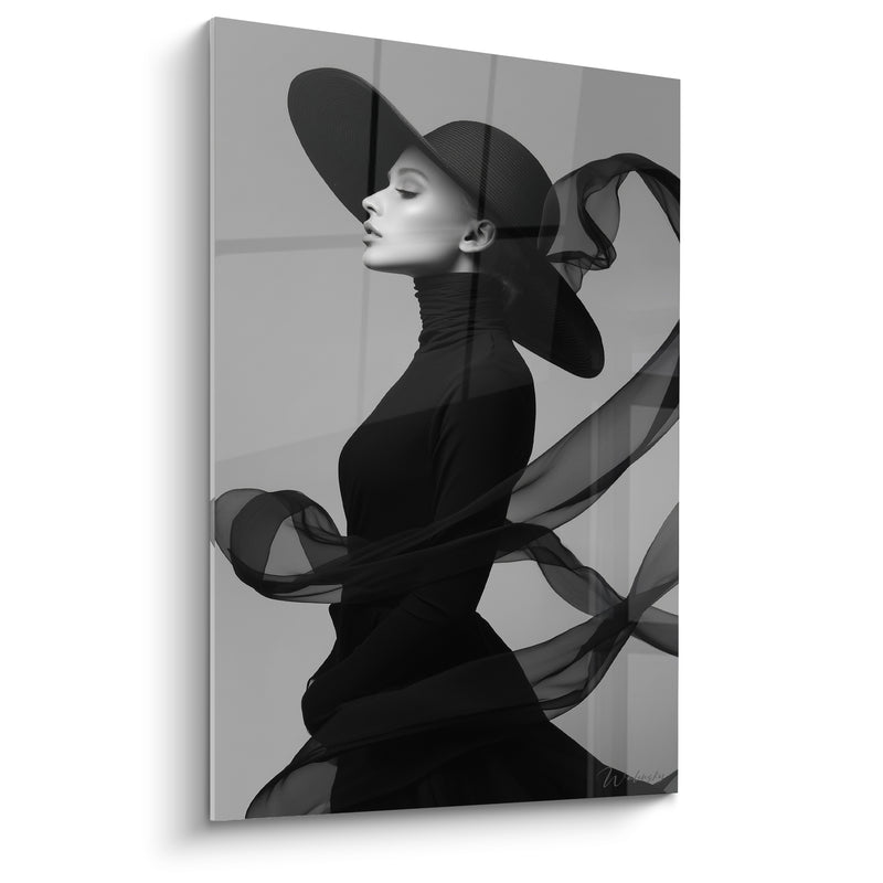 Tableau Femme voile noir et gris fumé - Souffle suspendu - Edition Mode noir et blanc