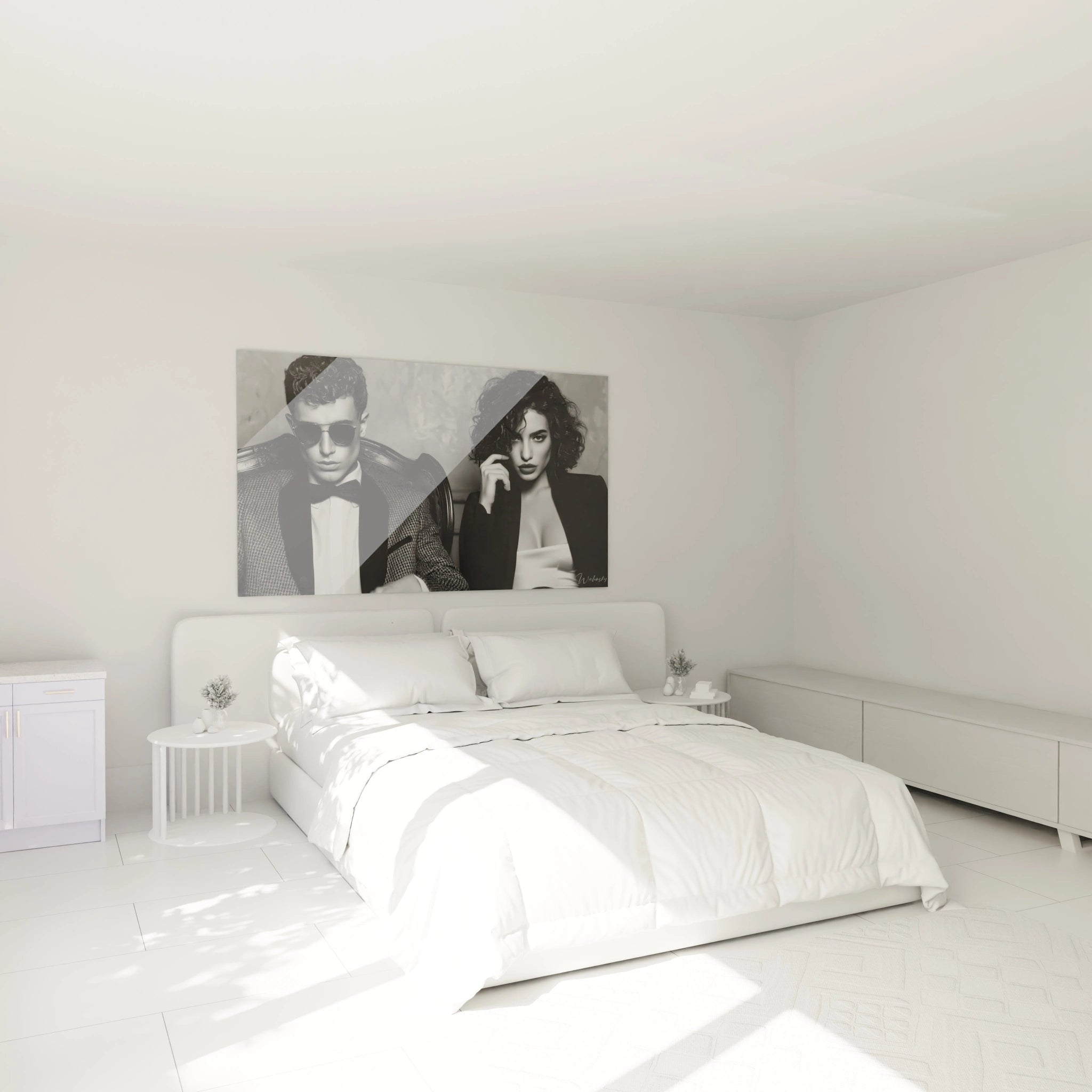 Tableau mural noir et blanc glamour avec un homme et une femme dans un décor moderne et minimaliste