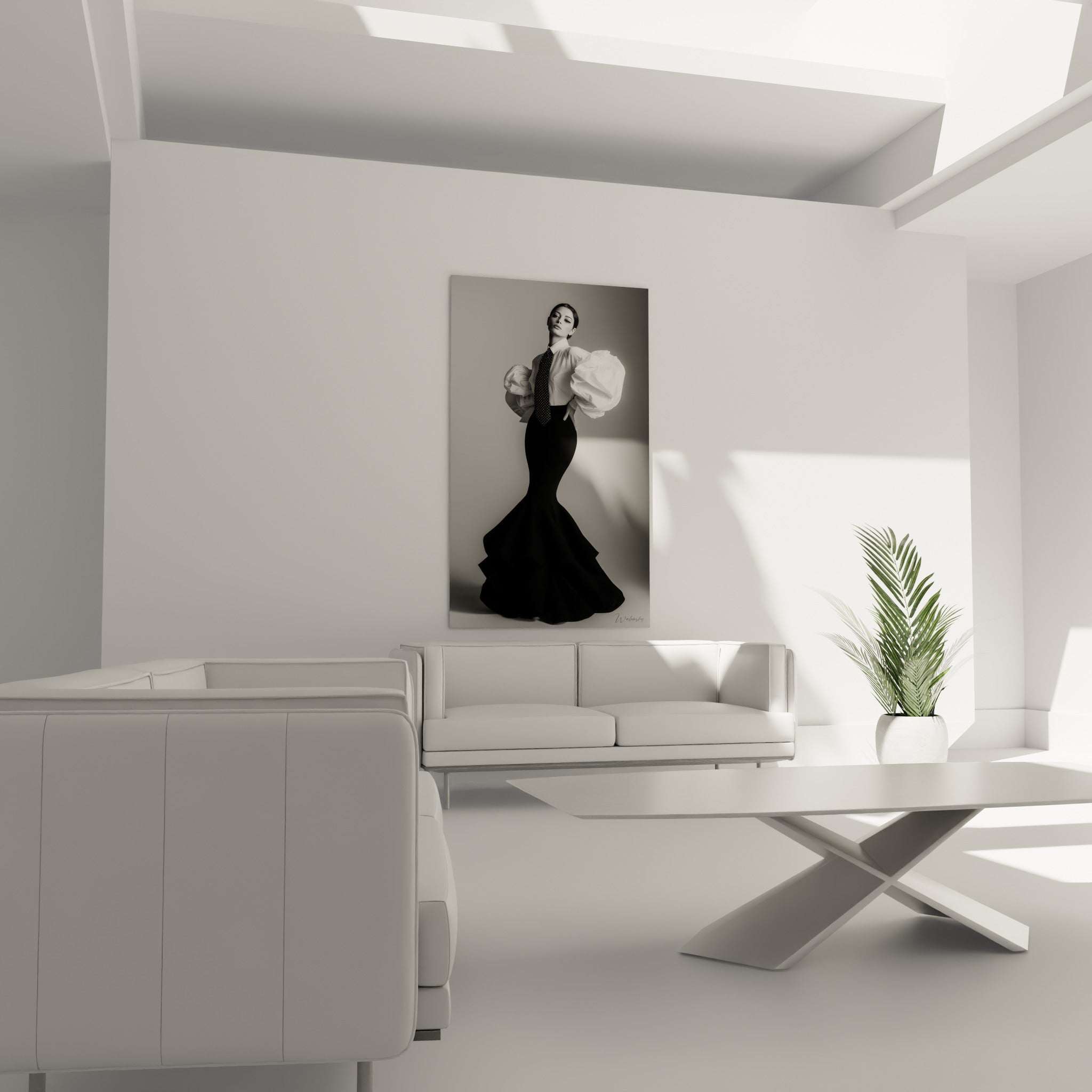 Silhouette élégante en noir et blanc, manches froissées, au-dessus d'un canapé dans un salon lumineux
